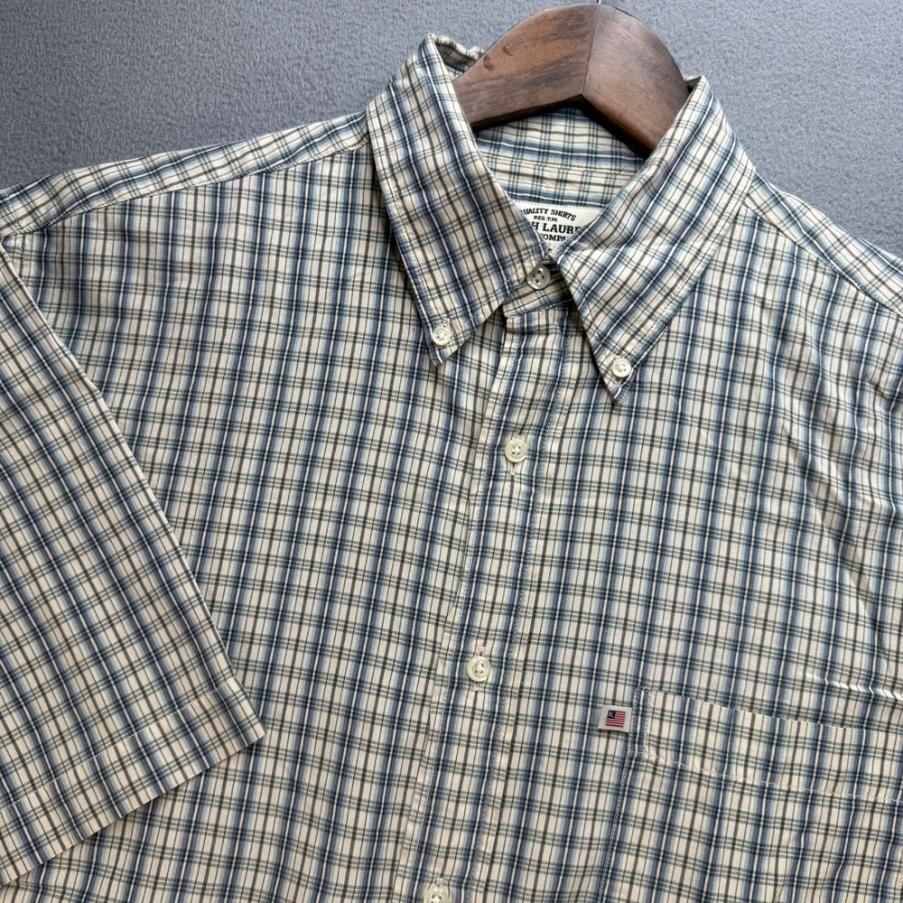 Ralph Lauren Jeans‎ Company Button Down Men L Blue Plaid Short Sleeve Shirt Flag